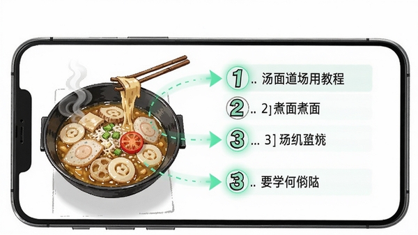 汤面道APP教程界面,手机屏幕展示煮面的分步图解,左图右文,步骤清晰,背景为白色,配以高亮标注,强调教学功能