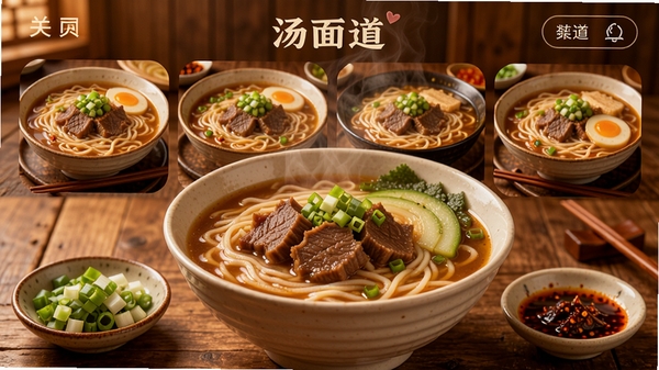 汤面道app主界面,展示各种汤面美食图片,温暖色调,背景为木质餐桌,前景摆放一碗热气腾腾的牛肉面,旁边有葱花和辣椒油小碟,整体风格温馨诱人,适合美食类应用宣传图