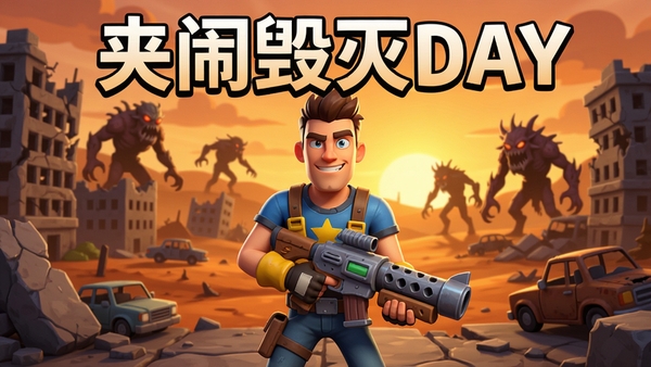 胡闹毁灭日游戏整体预览图,画面中央是主角手持武器站在废弃城市废墟前,背景是夕阳下的荒凉大地,远处有变异生物轮廓,整体风格卡通渲染,色彩鲜明,细节丰富,适合作为游戏宣传图
