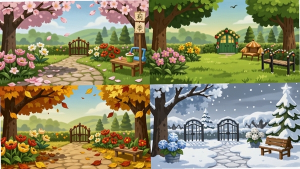 莉莉花园物语四季对比图,画面分为四个区域分别展示春夏秋冬的花园场景,春季樱花飘落,夏季绿树成荫,秋季金黄落叶,冬季白雪皑皑,每个场景都有对应季节的特色花卉和装饰,风格温馨治愈