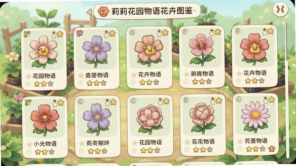莉莉花园物语花卉图鉴界面,屏幕上显示多种花卉卡片,每张卡片上有花朵特写、名称和稀有度星星,背景是淡绿色的花园苗圃,界面简洁清晰,卡通UI设计,色彩柔和