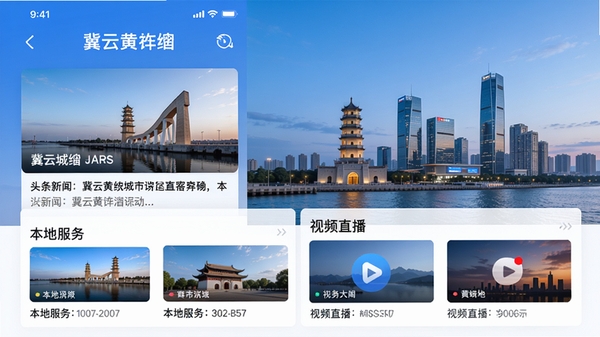 冀云黄骅APP主界面融合城市地标与新闻资讯卡片,主色调为蓝色系,界面清晰展示头条新闻、本地服务与视频直播入口,背景是黄骅城市天际线,整体风格现代简洁,适配手机竖屏展示