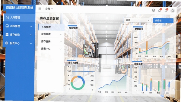 为创鑫捷仓储管理系统主界面,左侧导航栏显示入库管理、出库管理、库存查询、报表中心等模块,中央为库存总览数据看板,背景为现代化仓库货架,整体风格简洁明亮,突出软件的专业性与易用性