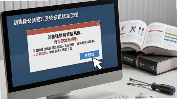 为创鑫捷仓储管理系统报错修复示意图,显示电脑屏幕中的错误提示框与鼠标点击修复按钮,背景为工具书与螺丝刀,风格写实,强调解决问题