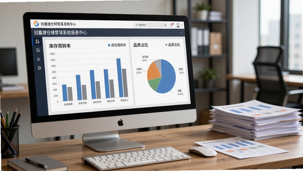 为创鑫捷仓储管理系统报表中心界面,展示柱状图与饼图,显示库存周转率与品类占比,背景为办公桌上摆放的电脑与打印的报表,商务风格浓厚