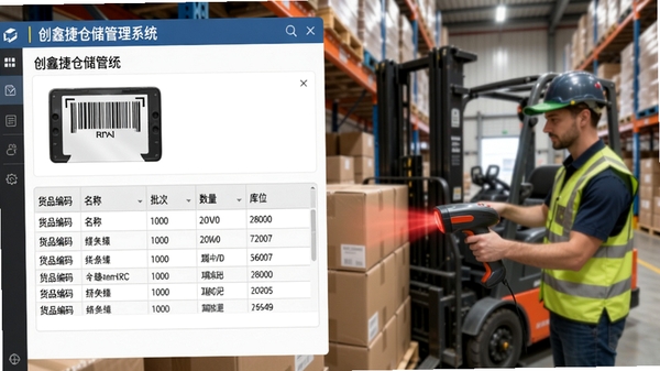 为创鑫捷仓储管理系统入库操作界面,显示扫码枪录入货品条码,表格中列出货品编码、名称、批次、数量、库位等信息,背景为仓库工作人员正在扫描货物,画面清晰写实