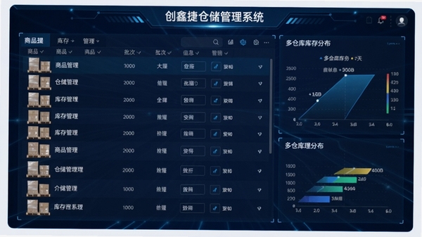 为创鑫捷仓储管理系统库存管理功能界面,展示商品列表、批次信息和多仓库库存分布,画面以蓝色科技感为主色调