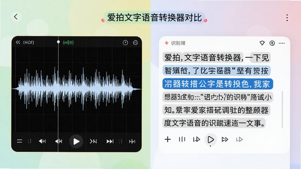 展示爱拍文字语音转换器将一段波形音频转换为整齐文字的对比场景,左侧是音频波形图,右侧是识别出的文字段落,界面高亮显示识别文字,背景简洁,色调明快,体现软件的高效与智能
