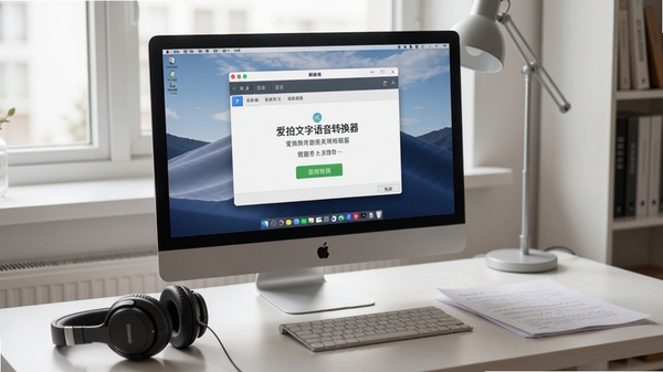爱拍文字语音转换器在电脑桌面上运行的实拍场景,屏幕中清晰显示软件的转换完成界面,旁边有一副耳机和一份文稿,桌面整洁,光线柔和,展现软件在真实工作环境中的应用状态