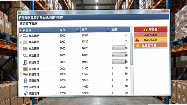 百惠销售单管理系统商品库存管理界面,显示商品列表、库存数量和预警提示,背景为仓库货架,风格写实