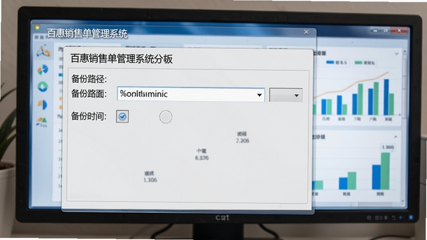 百惠销售单管理系统数据备份设置界面,显示备份路径和备份时间选项,背景为电脑屏幕和数据图表,风格写实
