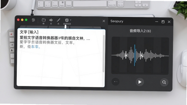 爱拍文字语音转换器主界面预览图,展示了简洁的工具布局,左侧为文字输入区域,右侧为音频导入区域,背景为干净的浅灰色工作台,整体风格现代且专业