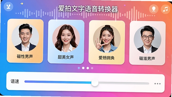 爱拍文字语音转换器智能语音合成功能界面,显示有多个发音人选项,如磁性男声、甜美女声,以及语速调节滑块,界面色彩明亮,配有声波图形动画