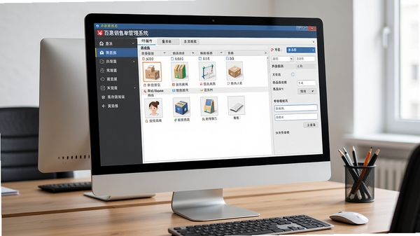 百惠销售单管理系统主界面预览图,电脑屏幕中显示软件开单操作界面,左侧为功能菜单栏,右侧为商品列表与单据填写区域,背景为整洁的办公桌面环境,整体风格写实清晰