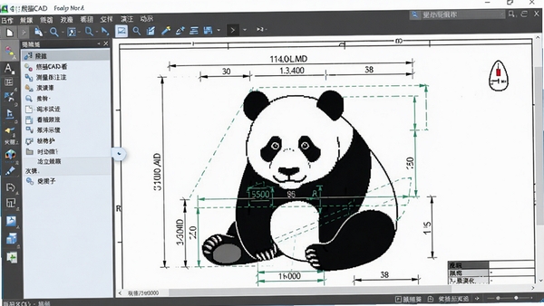 熊猫CAD看图测量标注功能演示,图纸上显示距离和角度标注,工具栏突出,界面清晰