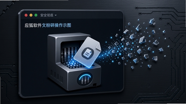 应狐软件文件粉碎功能操作示意图,界面显示一个文件被拖入粉碎机图标的过程,周围有数据碎片消散的粒子效果,背景为科技感的深灰金属质感,强调安全与彻底