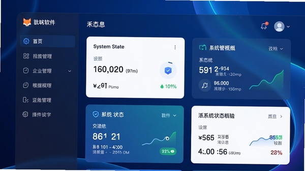 应狐软件主界面预览图,展示其简洁清晰的仪表盘风格布局,左侧功能导航栏,右侧为系统状态概览卡片,背景为现代感十足的深蓝色渐变,图标线条流畅,整体风格专业且友好