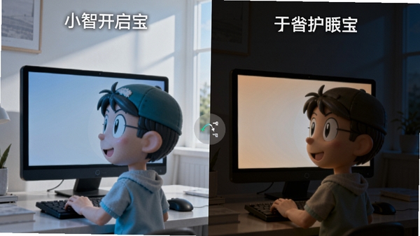 小智护眼宝智能色温调节功能示意图,画面左右分屏对比,左侧是未开启时的冷色调刺眼屏幕,右侧是开启后的暖色调柔和屏幕,背景环境从明亮逐渐过渡到昏暗,突出软件根据环境光自动调节的智能特性