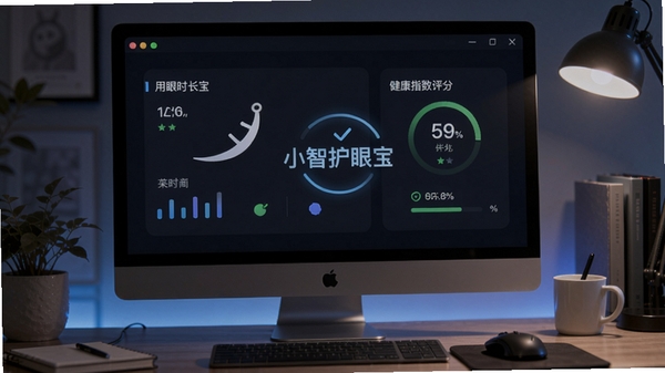 小智护眼宝主界面预览图,展示软件在电脑桌面上的运行状态,背景为深色护眼模式下的工作场景,界面显示当前的用眼时长统计和健康指数评分,整体风格简洁清新,科技感十足,画面中心突出软件名称小智护眼宝
