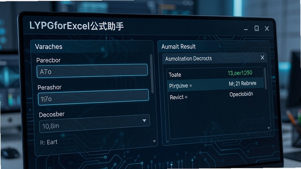 LYPGforExcel公式助手界面,显示函数参数输入框和实时结果预览,帮助用户理解公式逻辑,科技感设计,高分辨率,产品特写