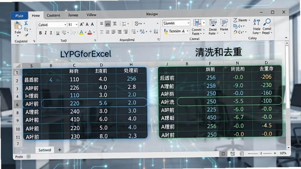 LYPGforExcel数据处理功能展示,对比处理前后的数据表格,高亮显示清洗和去重效果,办公软件界面,现代风格,清晰明亮,数字艺术