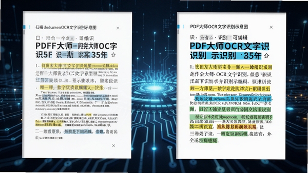 PDF大师OCR文字识别示意图,左侧为扫描文档,右侧为识别出的可编辑文字,高亮显示识别结果,科技感背景