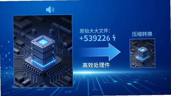 改图鸭软件功能展示图,画面左侧显示原始大文件图片,右侧显示经过压缩转换后的小文件图片,中间以箭头连接并标注文件大小变化,背景为科技感十足的蓝色渐变,强化软件高效处理能力的视觉印象