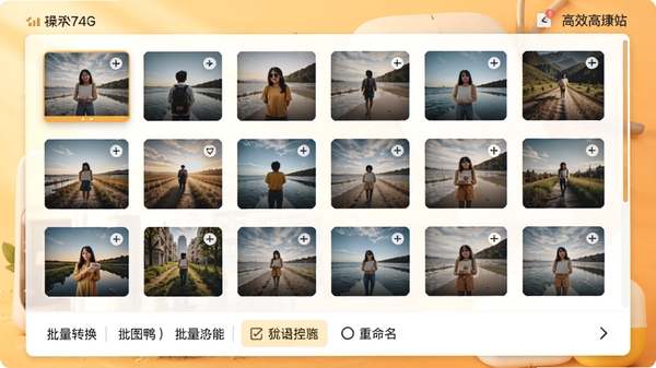 改图鸭批量处理功能操作界面示意图,画面中整齐排列着多张待处理的图片缩略图,下方工具栏显示批量转换和重命名选项,背景为明亮的暖色调,营造高效便捷的操作氛围