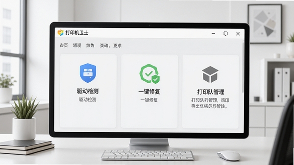 打印机卫士主界面预览图,展示驱动检测、一键修复、打印队列管理等核心功能模块,背景为简洁的现代办公桌面场景,画面清晰明亮,突出软件操作面板的友好布局。