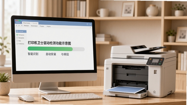 打印机卫士驱动检测功能示意图,电脑屏幕前有一台多功能打印机,界面显示驱动匹配进度条,背景为整洁的书房环境,色调柔和,突出智能识别与自动安装的过程。