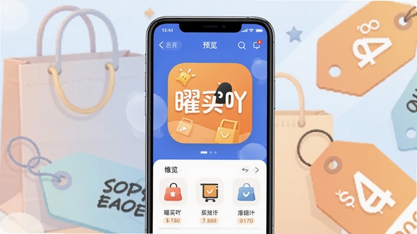 曜买吖预览图,展示手机购物比价界面,中央是曜买吖应用主界面,背景为淡雅的购物袋和价格标签元素,整体风格明亮清晰,突出应用界面设计,适配Boogu模型生成