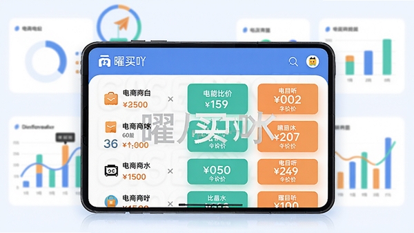 曜买吖智能比价功能示意图,屏幕显示多个电商平台价格对比列表,有曜买吖品牌水印,背景为简约的数据图表,色彩明快,突出比价效率