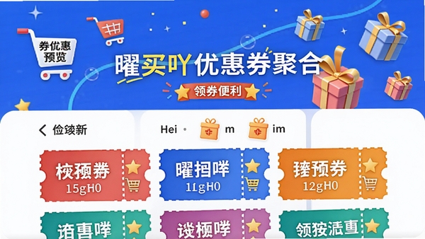 曜买吖优惠券聚合页面预览,展示多张彩色优惠券卡片,背景为购物车和礼盒图标,整体风格活泼,突出领券便利性