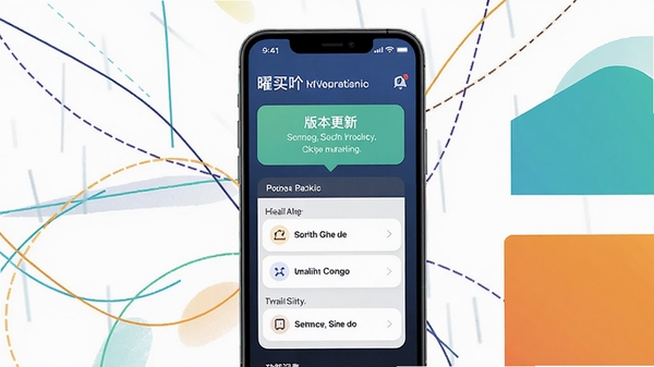 曜买吖更新日志示意图,展示手机屏幕上有版本更新提示和功能列表,背景为抽象的线条和色块,风格现代简洁,突出新版特性