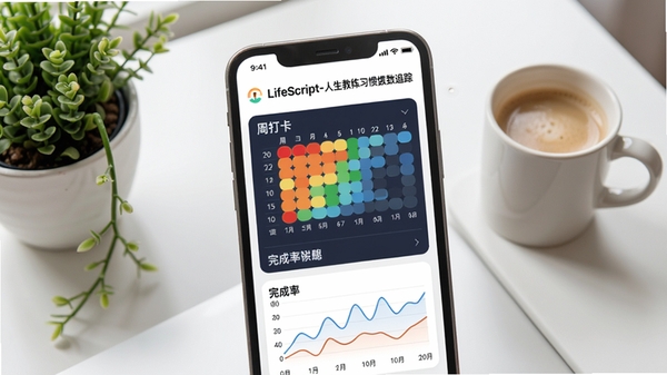 LifeScript-人生教练习惯追踪数据图表,手机界面显示周打卡热力图和完成率折线图,背景是简洁的书桌一角,有绿植和咖啡杯,整体色调明亮清新,强调数据可视化与生活化场景