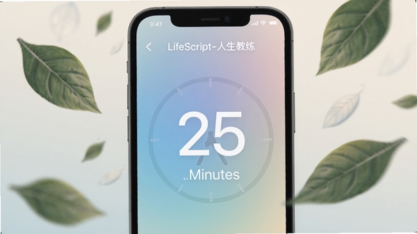 LifeScript-人生教练专注模式启动动画,手机屏幕显示25分钟倒计时和轻柔渐变背景,周围有漂浮的植物叶片,整体风格宁静放松,强调沉浸感和时间管理