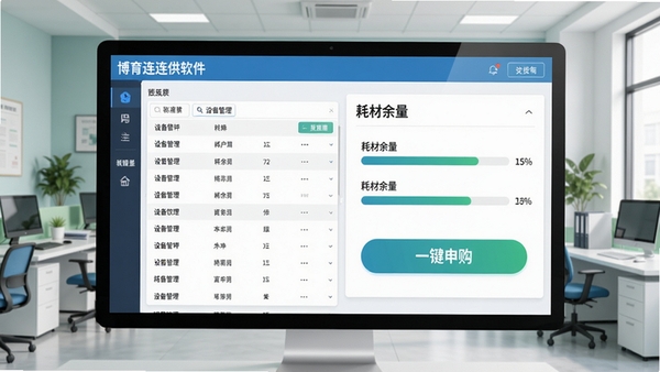 博育连连供软件主界面预览图,展示设备管理列表、耗材余量进度条、一键申购按钮,背景为现代办公室或学校文印室,整体色调清新明亮,界面元素清晰,风格写实,突出便捷与高效