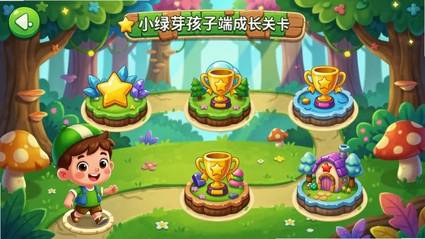 С��ѿ���Ӷ˳ɳ��ؿ����棬����չʾ��ͨ���Ĵ��ص�ͼ������ֲ��Ų�ͬ����Ĺؿ��ڵ㣬�����ǡ������Ƚ���Ԫ�أ�һ����ͨС����ɫվ����ʼλ��׼��������������ɫ�ʰ�쵵�ͯ��ɭ�֣�����ͯȤ