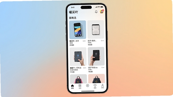 曜买吖手机应用主界面预览图,展示首页精选商品瀑布流与底部功能导航栏,背景为柔和渐变色,现代扁平化设计风格,画面清晰明亮