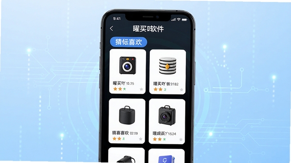 曜买吖软件智能推荐功能示意图,手机屏幕显示多款商品卡片并标注猜你喜欢字样,背景为浅蓝色科技感光效,突出算法推送概念