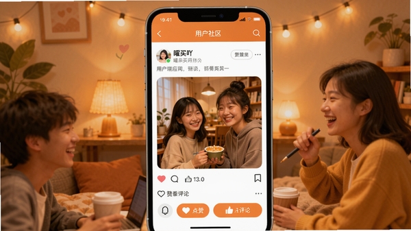 曜买吖应用内用户社区互动界面,展示用户发布的图文笔记与点赞评论按钮,背景为暖色调,营造活跃温馨的交流氛围