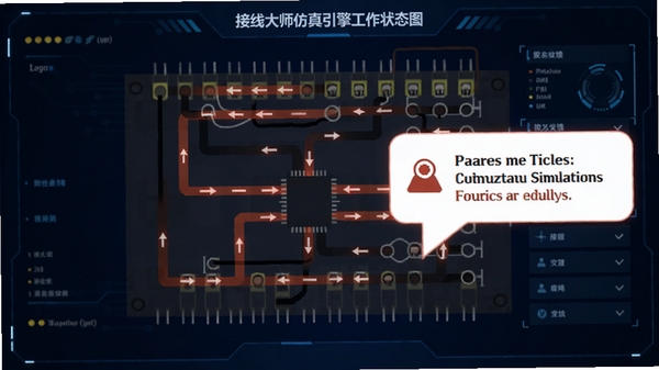 接线大师仿真引擎工作状态图,画面中央展示正在运行的电路仿真,导线高亮显示电流流动方向,旁边弹出故障提示气泡,背景为深蓝色科技感界面,强调实时反馈功能