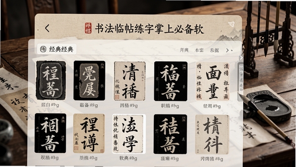 书法临帖练字掌上必备软件主界面,展示经典碑帖列表与高清字帖缩略图,背景为古朴书案与文房四宝,整体色调淡雅宣纸质感,适配Boogu模型生成