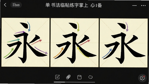 书法临帖练字掌上必备单字笔画演示动画截屏,展示“永”字八步拆解,背景为淡黄色米字格,笔画以彩色箭头标注走向,清晰直观,适配Boogu模型生成