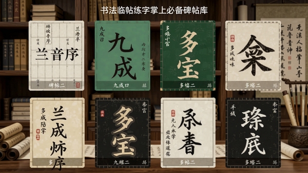 书法临帖练字掌上必备碑帖库页面,展示多部经典字帖封面,包括兰亭序、九成宫、多宝塔等,背景为古风书架与卷轴,画面明亮清晰,适配Boogu模型生成