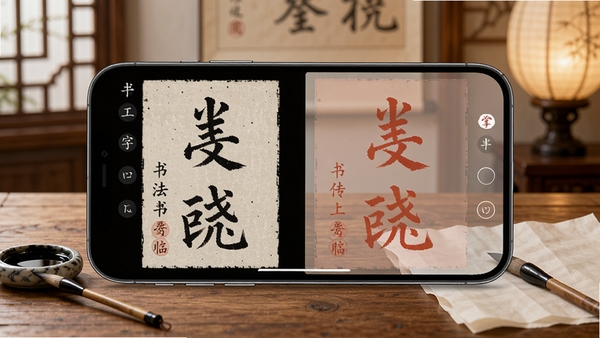 书法临帖练字掌上必备软件主界面预览图,手机屏幕展示高清碑帖临摹页面,左侧是原帖范字,右侧是半透明描红练习区,桌面摆放毛笔、墨碟和宣纸,背景是古风书房,木质书桌和柔和灯光,整体画面清晰明亮,突出掌上练字的便捷感