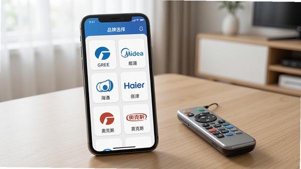 ����ң�ؿյ�APP���ֻ���չʾƷ��ѡ���б�����Ļ���г����������ġ��������¿�˹�ȶ��Ʒ��ͼ�꣬ÿ��ͼ���·��ж�Ӧ���ƣ�����Ϊ�����������棬�ֻ��Ա߷���һ̨С�Ϳյ�ң����������ǿ���Աȣ�ͻ���������ʵ��ң�����ı���ԣ�ͼƬ���дʵ��