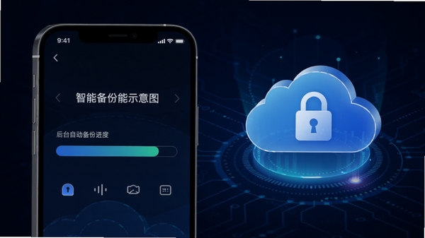 彩智云智能备份功能示意图,手机屏幕显示后台自动备份进度条,云端图标带有锁形标识,背景为深邃蓝色科技感风格,突出安全与自动化特点