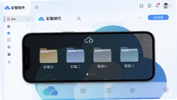 彩智云软件主界面预览图,展示整洁的云端文件管理界面,手机屏幕中央显示分类文件夹图标,背景为柔和的蓝白渐变,整体风格简约现代,突出高效与智能感