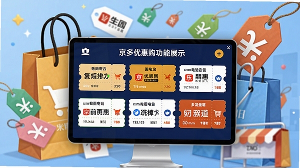 京多优惠购功能展示,屏幕上显示多个电商平台的优惠券卡片,背景为购物袋和折扣标签,色彩明亮,突出聚合概念,商业插画风格